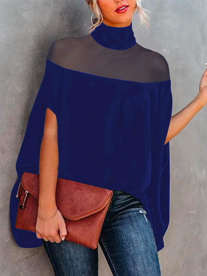 See-Through Batwing Sleeves High-neck Blouses&shirts Tops