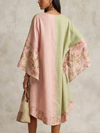 Split-Joint Flower Print Contrast Color Three-quarter Sleeves Loose V-neck Midi Dresses