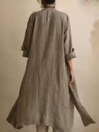 Long Sleeves Loose Buttoned Pockets Solid Color V-Neck Three Pieces Set