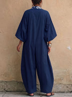 Printed Pockets Contrast Color Wide Leg Three-quarter Sleeves V-neck Jumpsuits