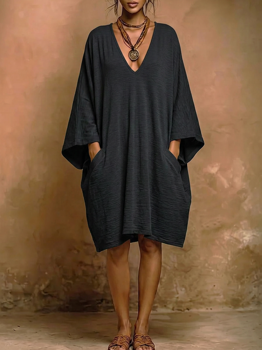 Batwing Sleeves Loose Pockets Solid Color Deep V-Neck Mini Dresses
