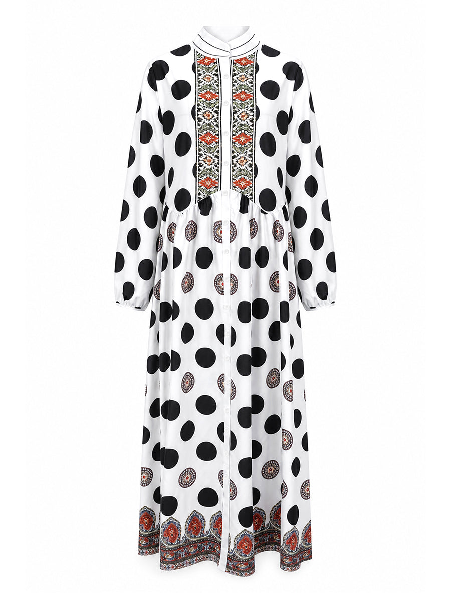 Polka-Dot Pockets Pleated Contrast Color Buttoned Big Hemline Puff Sleeves Loose Stand Collar Maxi Dresses