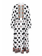 Polka-Dot Pockets Pleated Contrast Color Buttoned Big Hemline Puff Sleeves Loose Stand Collar Maxi Dresses