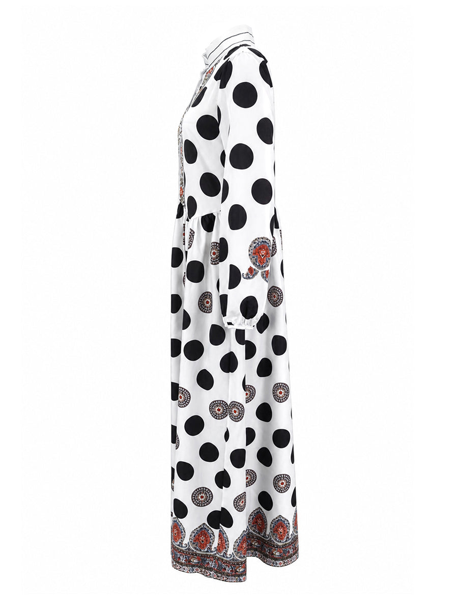 Polka-Dot Pockets Pleated Contrast Color Buttoned Big Hemline Puff Sleeves Loose Stand Collar Maxi Dresses