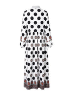 Polka-Dot Pockets Pleated Contrast Color Buttoned Big Hemline Puff Sleeves Loose Stand Collar Maxi Dresses