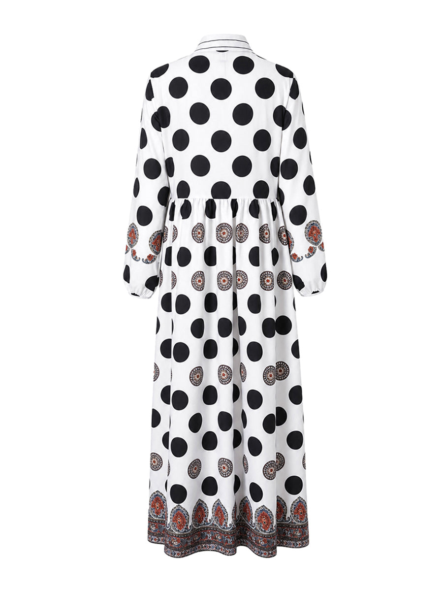 Polka-Dot Pockets Pleated Contrast Color Buttoned Big Hemline Puff Sleeves Loose Stand Collar Maxi Dresses