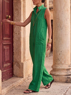 Solid Color Buttoned Wide Leg Sleeveless Stand Collar Jumpsuits