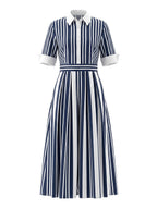 A-Line Loose Buttoned Contrast Color No Belt Striped Lapel Maxi Dresses