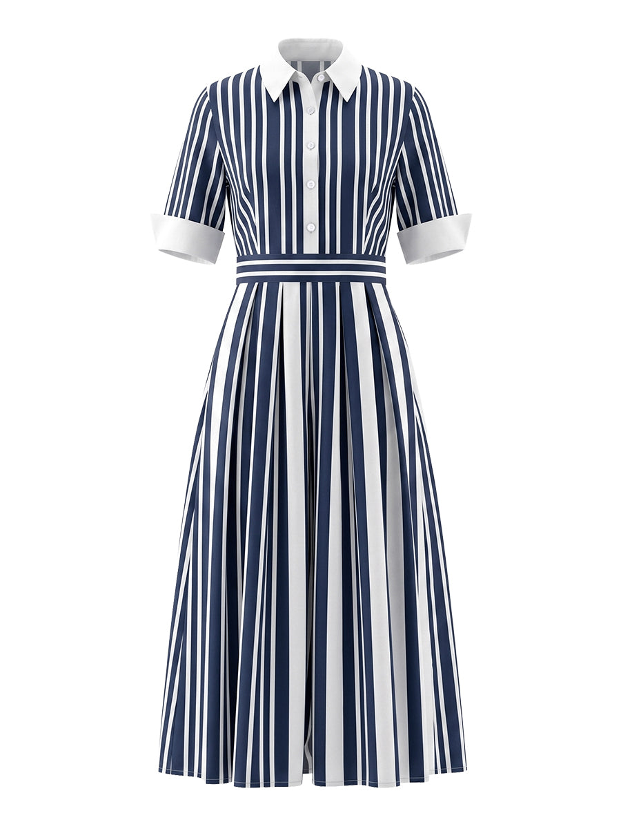 A-Line Loose Buttoned Contrast Color No Belt Striped Lapel Maxi Dresses