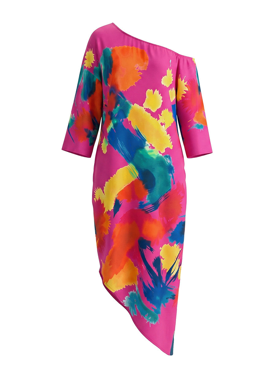 Long Sleeves Loose Asymmetric Contrast Color Pockets Printed One-Shoulder Maxi Dresses