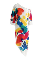 Long Sleeves Loose Asymmetric Contrast Color Pockets Printed One-Shoulder Maxi Dresses