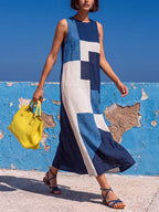 A-Line Loose Contrast Color Pockets Split-Joint Round-Neck Maxi Dresses