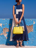 A-Line Loose Contrast Color Pockets Split-Joint Round-Neck Maxi Dresses