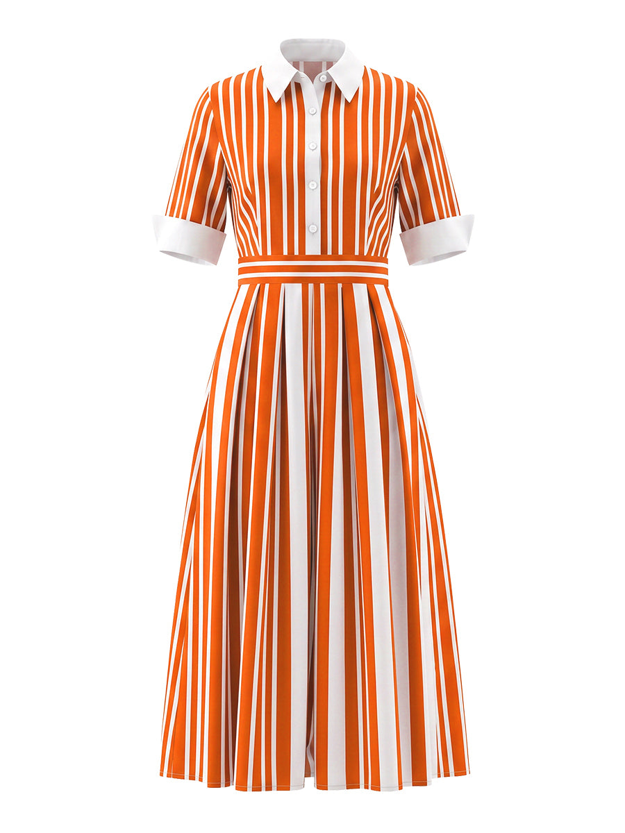 A-Line Loose Buttoned Contrast Color No Belt Striped Lapel Maxi Dresses