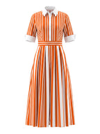 A-Line Loose Buttoned Contrast Color No Belt Striped Lapel Maxi Dresses