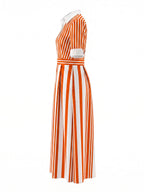 A-Line Loose Buttoned Contrast Color No Belt Striped Lapel Maxi Dresses