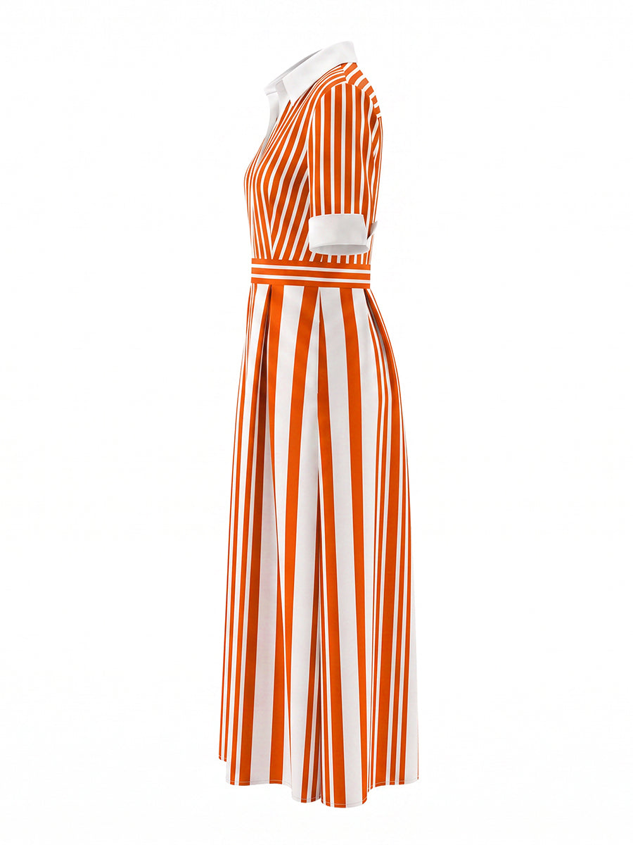A-Line Loose Buttoned Contrast Color No Belt Striped Lapel Maxi Dresses