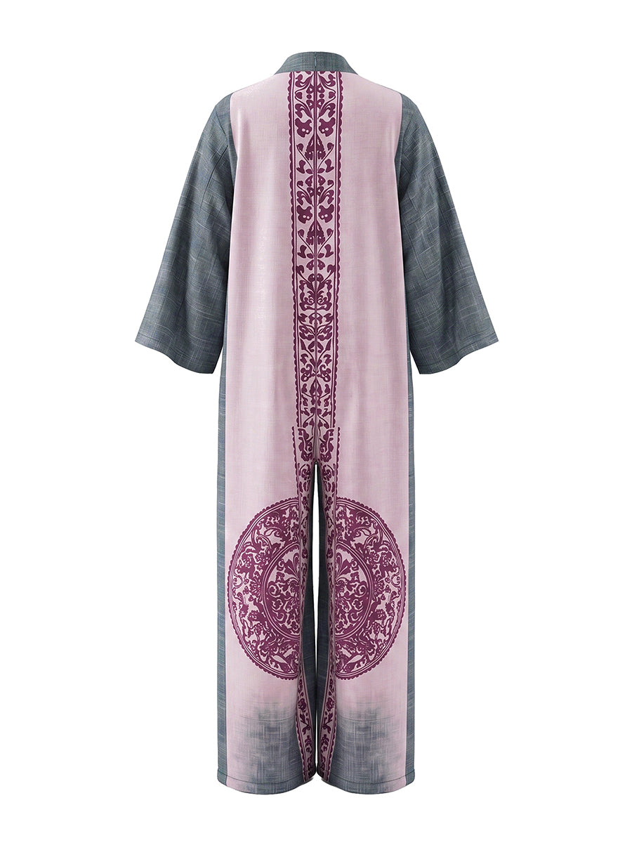 Loose Three-Quarter Sleeves Contrast Color Ethnic Printed Pockets V-Neck Jumpsuits
