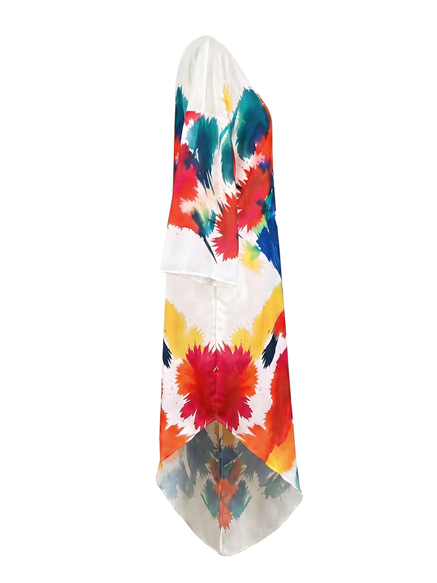 Long Sleeves Loose Asymmetric Contrast Color Pockets Printed One-Shoulder Maxi Dresses