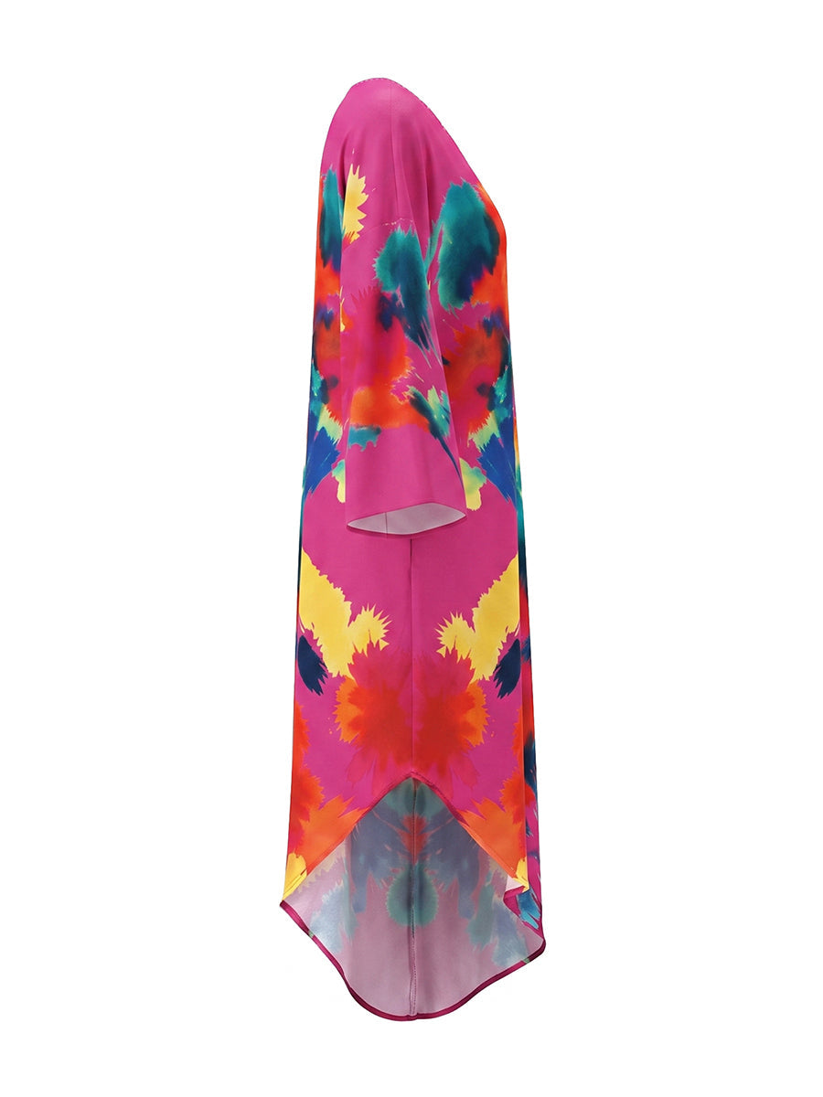 Long Sleeves Loose Asymmetric Contrast Color Pockets Printed One-Shoulder Maxi Dresses