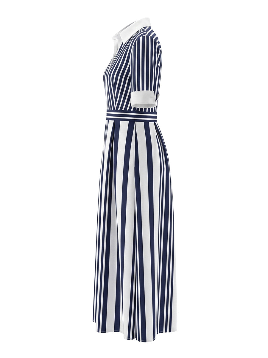 A-Line Loose Buttoned Contrast Color No Belt Striped Lapel Maxi Dresses