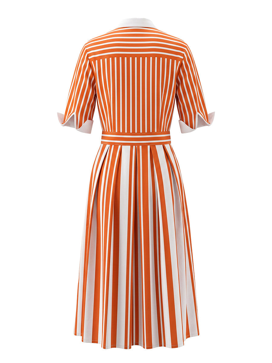 A-Line Loose Buttoned Contrast Color No Belt Striped Lapel Maxi Dresses
