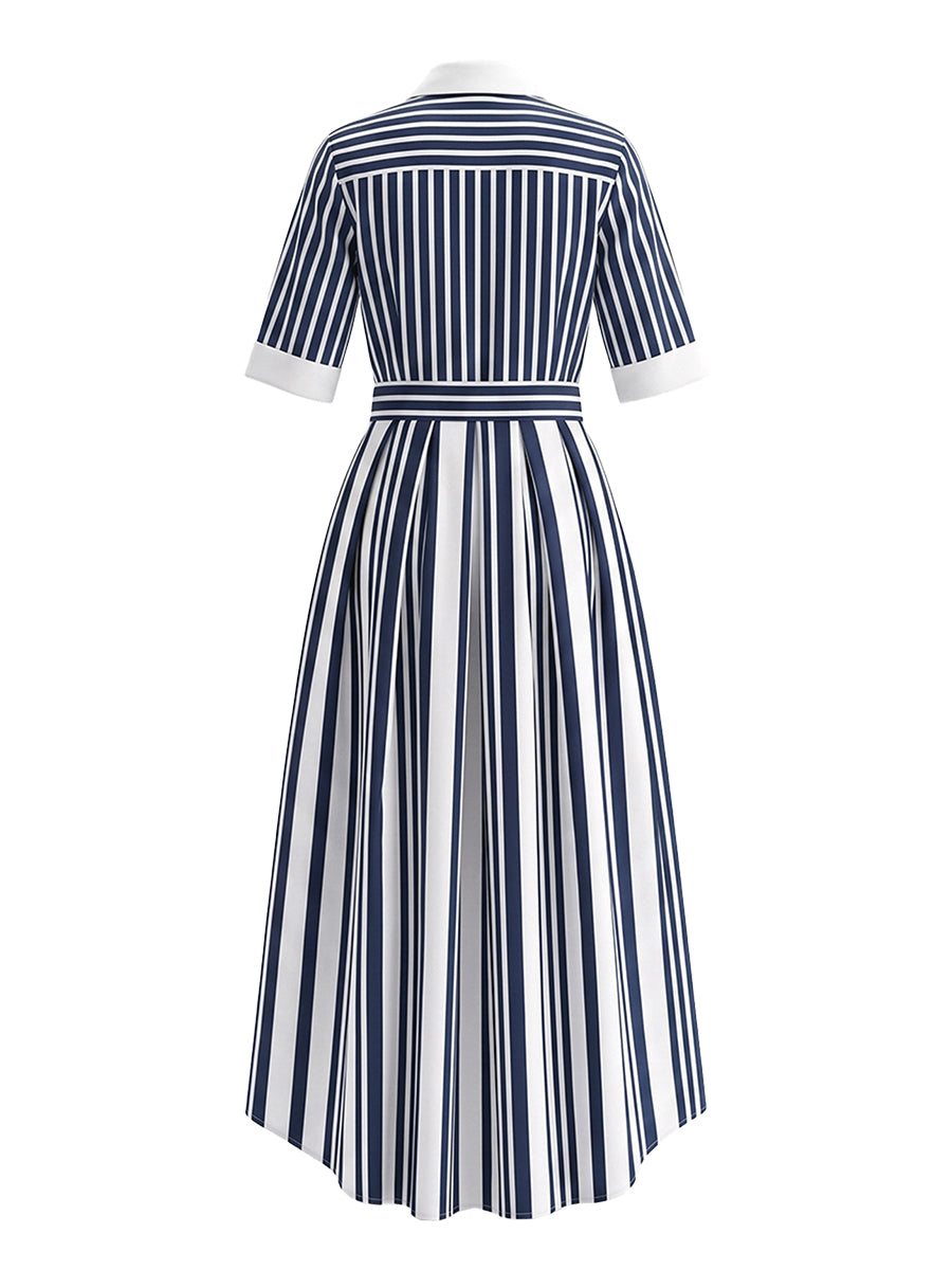 A-Line Loose Buttoned Contrast Color No Belt Striped Lapel Maxi Dresses