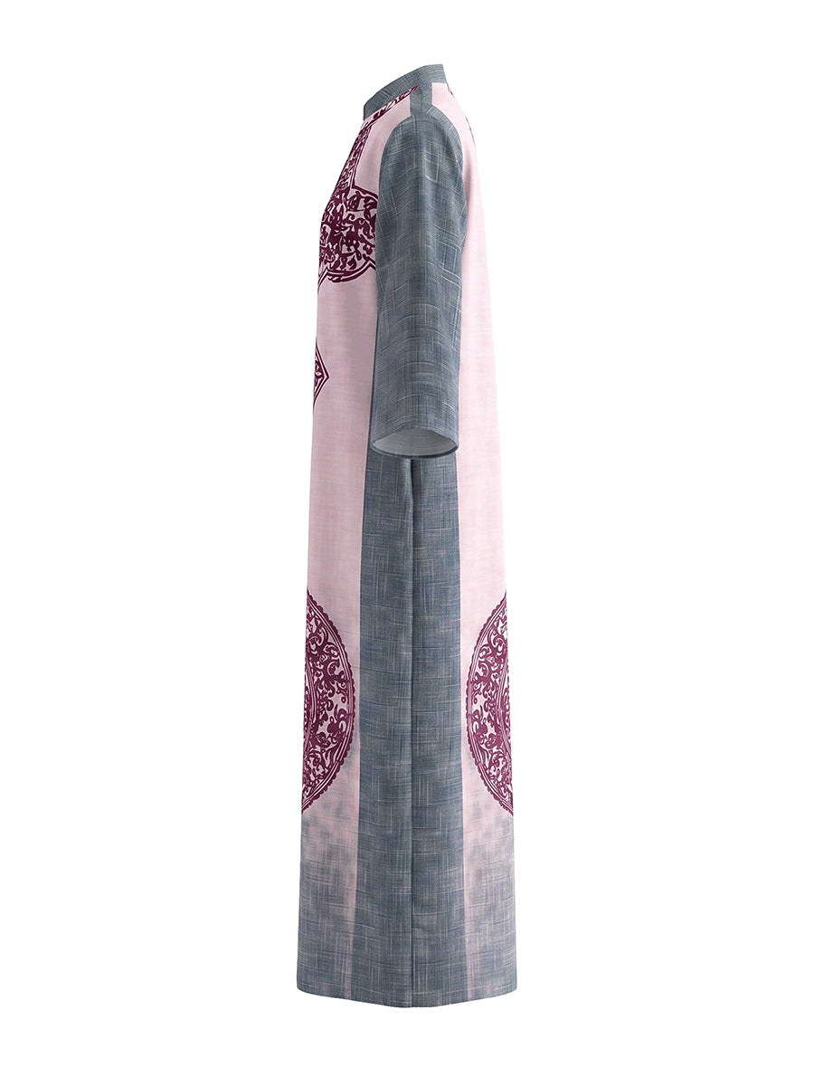 Loose Three-Quarter Sleeves Contrast Color Ethnic Printed Pockets V-Neck Jumpsuits