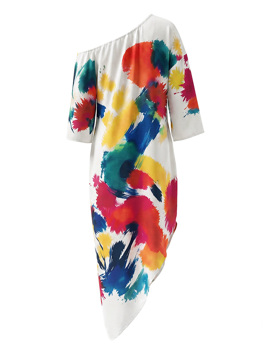 Long Sleeves Loose Asymmetric Contrast Color Pockets Printed One-Shoulder Maxi Dresses