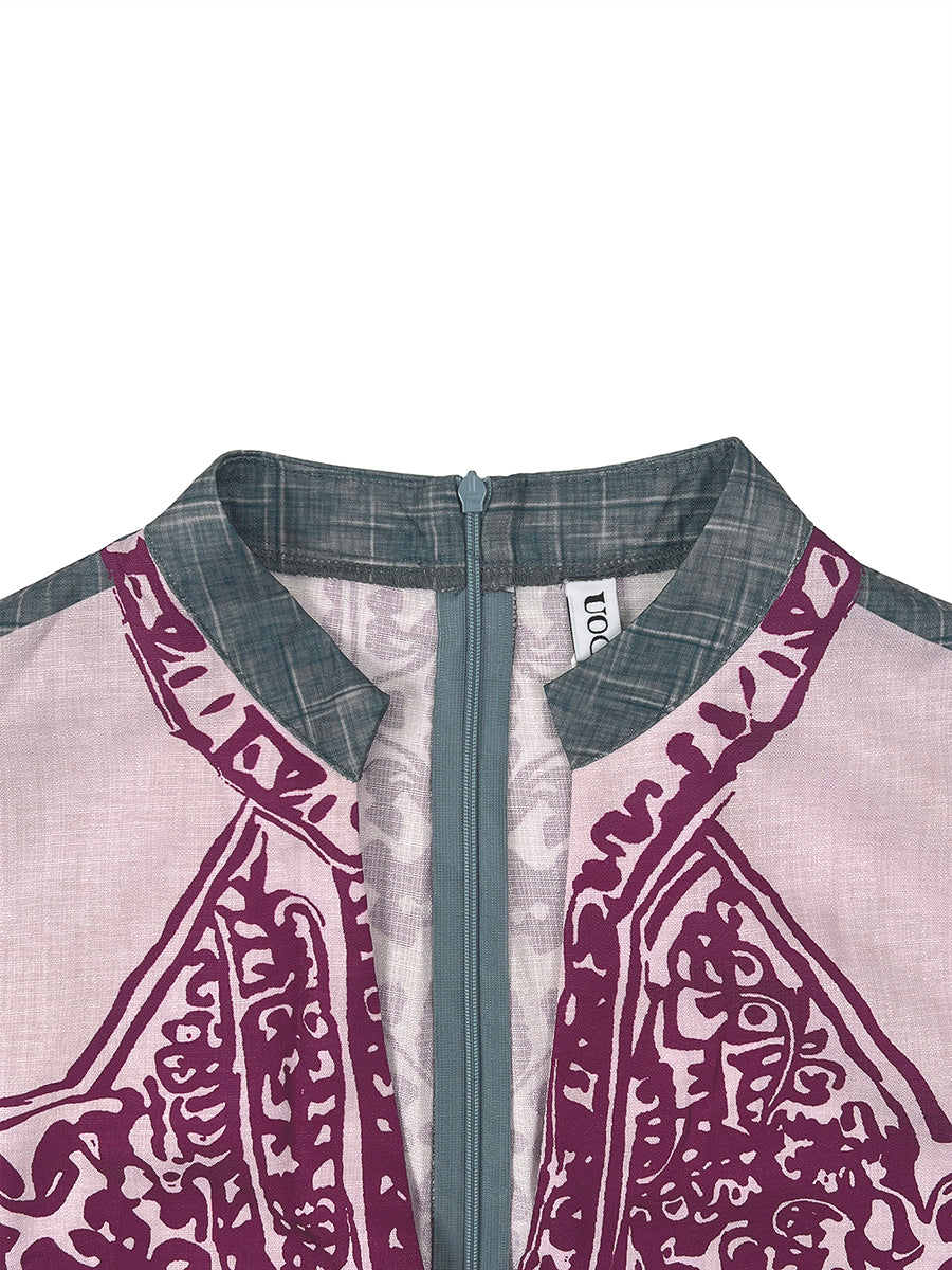 Loose Three-Quarter Sleeves Contrast Color Ethnic Printed Pockets V-Neck Jumpsuits